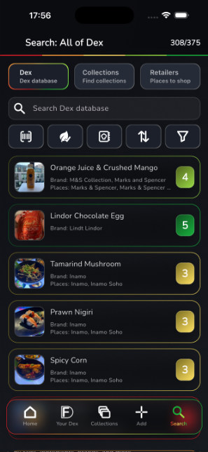 FlavDex Search and filters view
